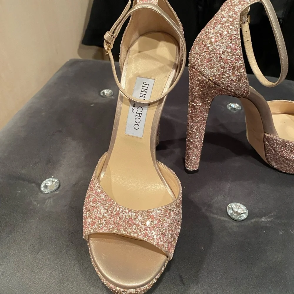 Jimmy Choo Rose Gold Glitter Platform Sandals